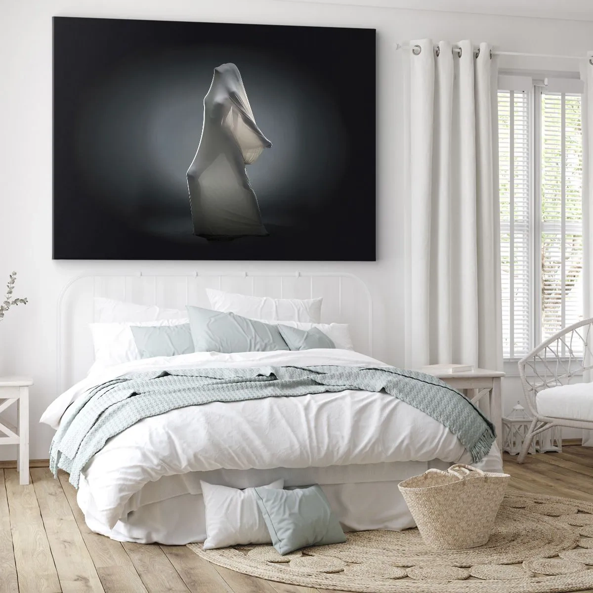 Bild auf Leinwand - Leinwandbild - Eine Figur aus weißem Stoff auf dunklem Hintergrund - 120x80cm - Versteckte Wünsche - Moderne Wanddekoration für Wohnzimmer und Schlafzimmer ARTTOR