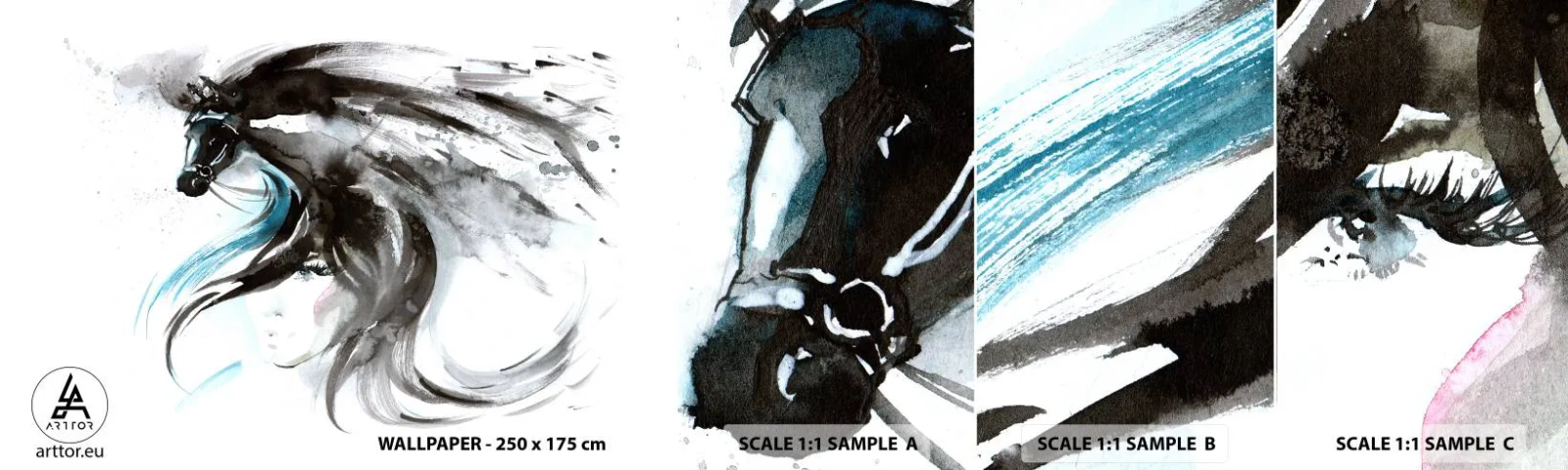 Fototapeten Muster Selbstklebend Deluxe Sticker - Schwarzer Prinz Galopp - Tiere, Pferd, Grafik - 100x30 cm