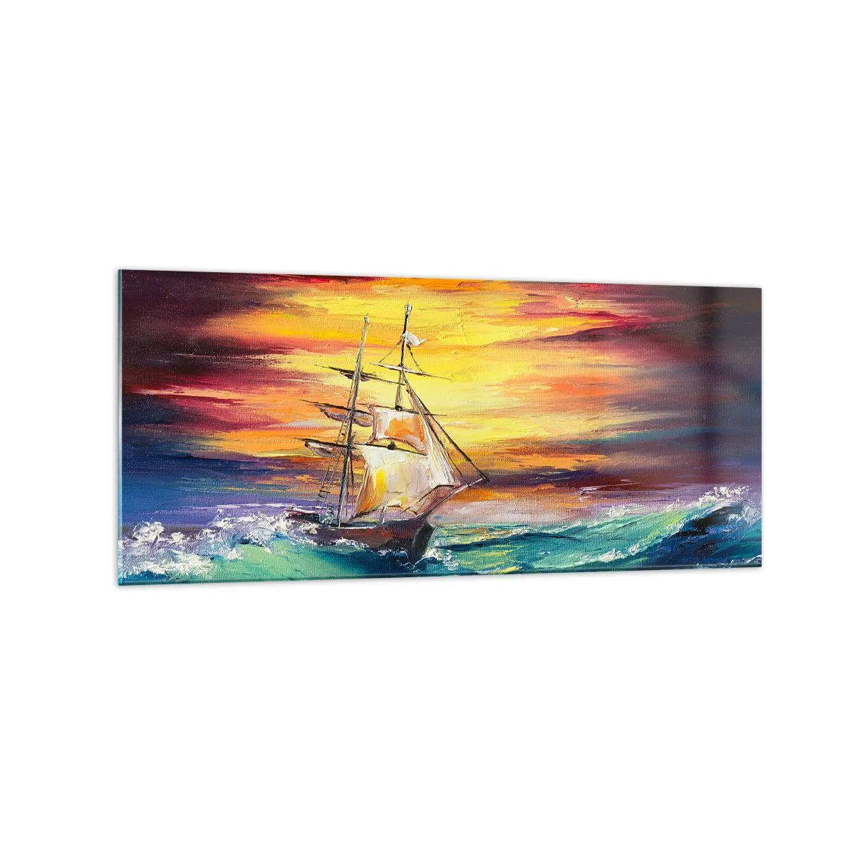 Glasbild - Bild auf glas - Ein Segelschiff vor der Kulisse eines farbenfrohen Sonnenuntergangs - 120x50cm - Tapfer unter den Wellen - Moderne Wanddekoration für Wohnzimmer und Schlafzimmer ARTTOR