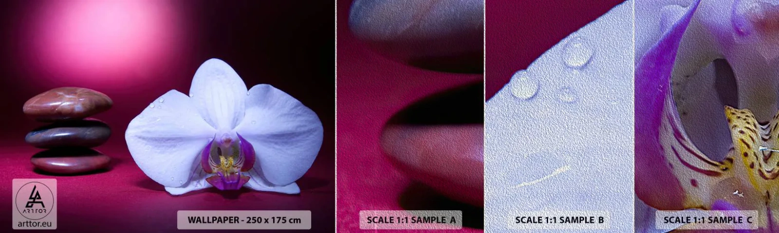 Fototapeten Muster Premium Sand - Eine Studie der Frische in Lila - Blumen, Spa, Steine - 100x30 cm