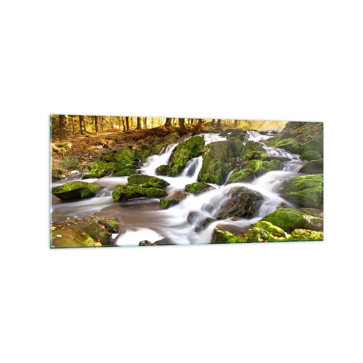 Glasbild - Bild auf glas - Eine bewaldete Landschaft mit einem von Moos umgebenen Wasserfall - 120x50cm - Rasch durch den herbstlichen Wald - Moderne Wanddekoration für Wohnzimmer und Schlafzimmer ARTTOR
