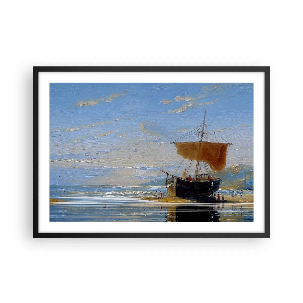 Poster in einem schwarzem Rahmen - Ein Schiff an der Küste an einem sonnigen Tag - 70x50cm - Wasser, Land, Luft - Moderne Wanddekoration für Wohnzimmer und Schlafzimmer ARTTOR