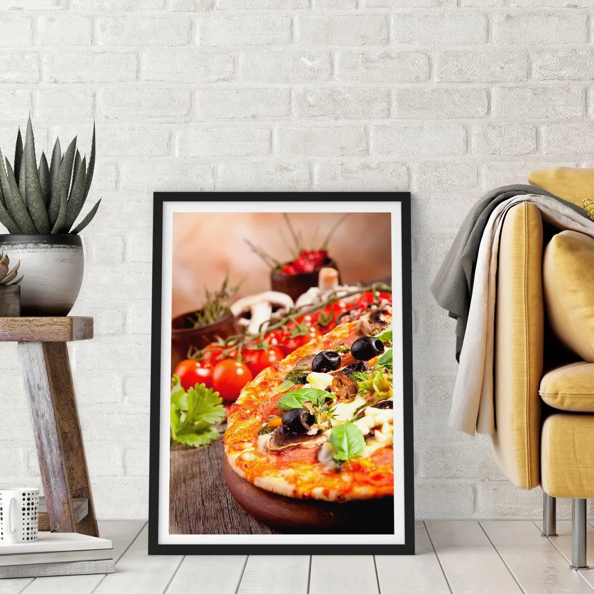 Poster in einem schwarzem Rahmen - Pizza mit Oliven und Kräutern mit frischen Zutaten - 50x70cm - Aus den tellurischen Zutaten - Moderne Wanddekoration für Wohnzimmer und Schlafzimmer ARTTOR
