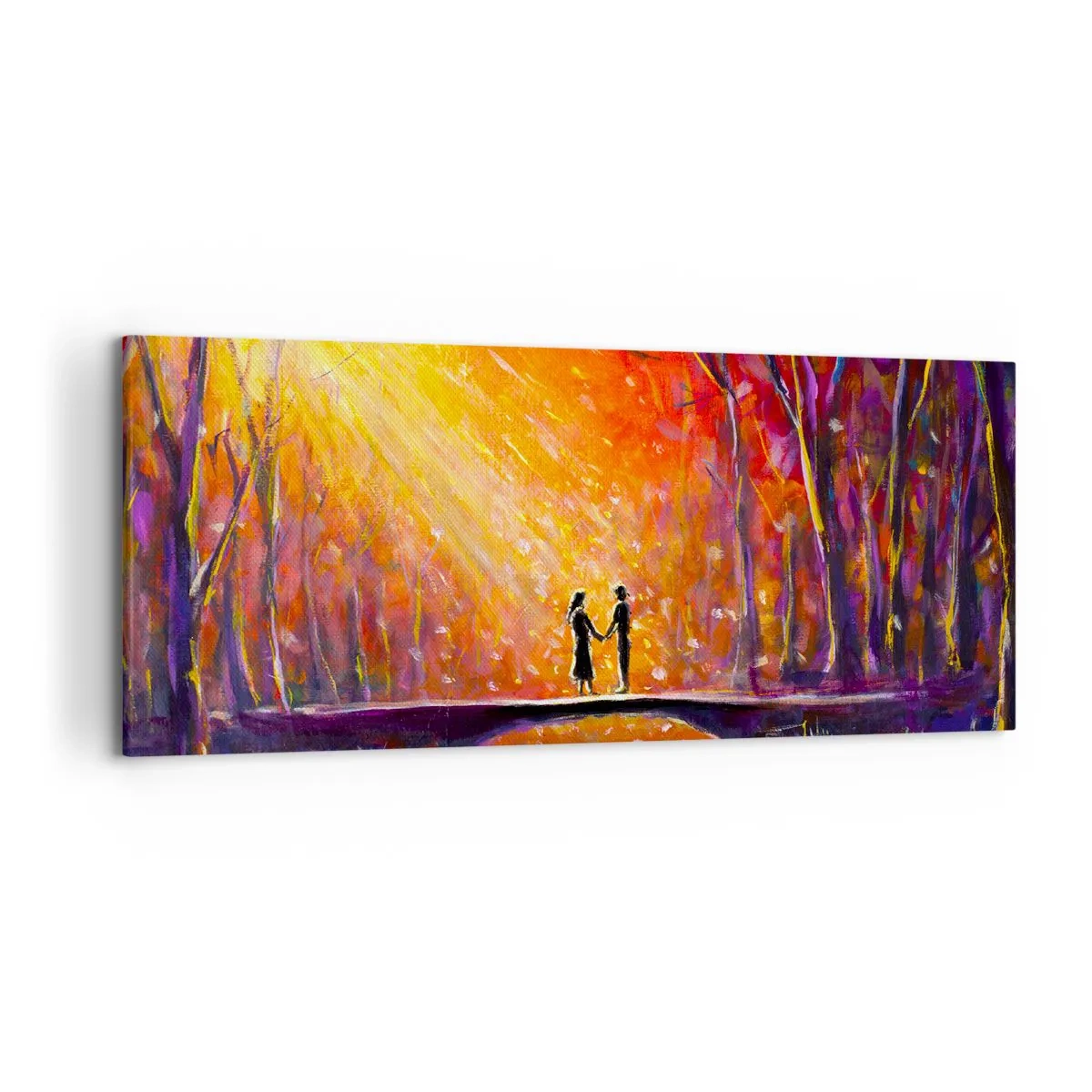Bild auf Leinwand - Leinwandbild - Romantisches Paar auf einer Brücke im herbstlichen Wald - 120x50cm - Der Himmel liebt sie auch - Moderne Wanddekoration für Wohnzimmer und Schlafzimmer ARTTOR
