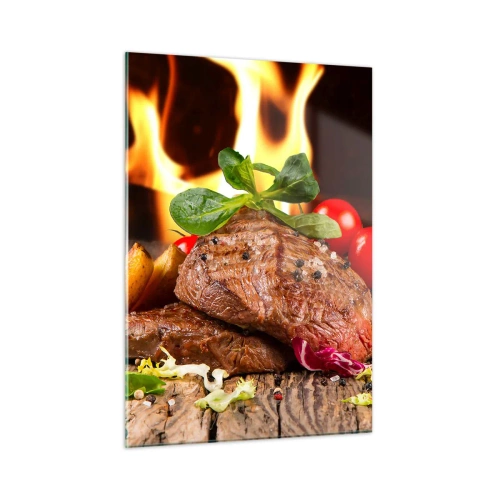 Glasbild - Bild auf glas - Gegrilltes Steak mit Gemüse vor dem Hintergrund der Flammen - 50x70cm - Von Hitze gezaubert - Moderne Wanddekoration für Wohnzimmer und Schlafzimmer ARTTOR