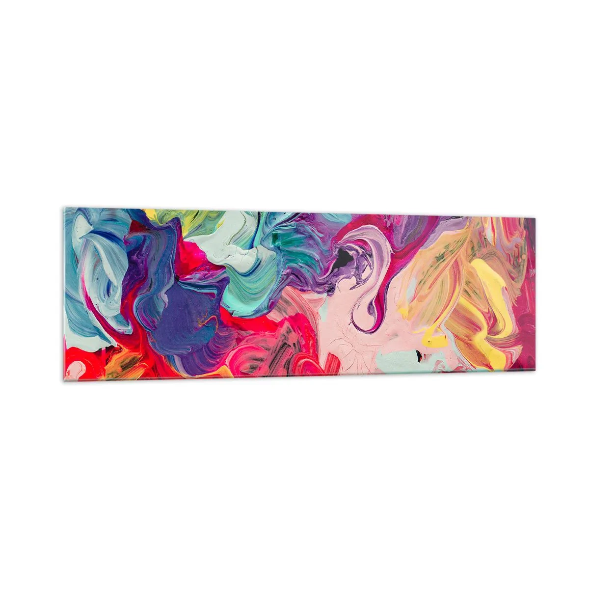 Glasbild - Bild auf glas - Eine abstrakte Komposition mit lebendigen, wirbelnden Farben und einer dynamischen Struktur. - 160x50cm - Die Geburt der Farben - Moderne Wanddekoration für Wohnzimmer und Schlafzimmer ARTTOR