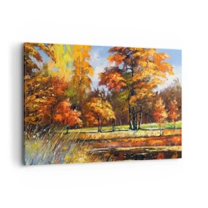 Bild auf Leinwand - Leinwandbild - Herbstlandschaft mit bunten Bäumen und einem Teich - 120x80cm - Landschaft in Gold und Bronze - Moderne Wanddekoration für Wohnzimmer und Schlafzimmer ARTTOR