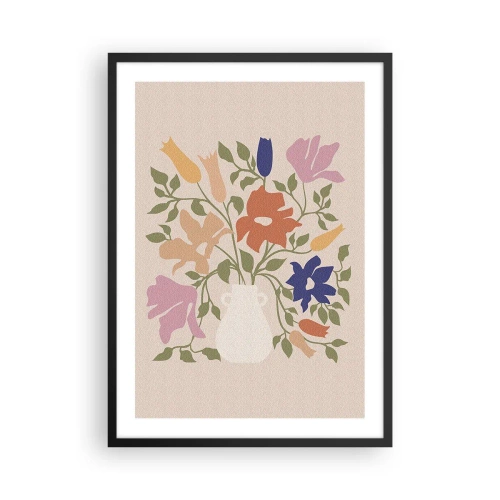 Poster in einem schwarzem Rahmen - Ein bunter Blumenstrauß in einer hellen Vase auf beigem Hintergrund - 50x70cm - Zartes Bouquet - Moderne Wanddekoration für Wohnzimmer und Schlafzimmer ARTTOR