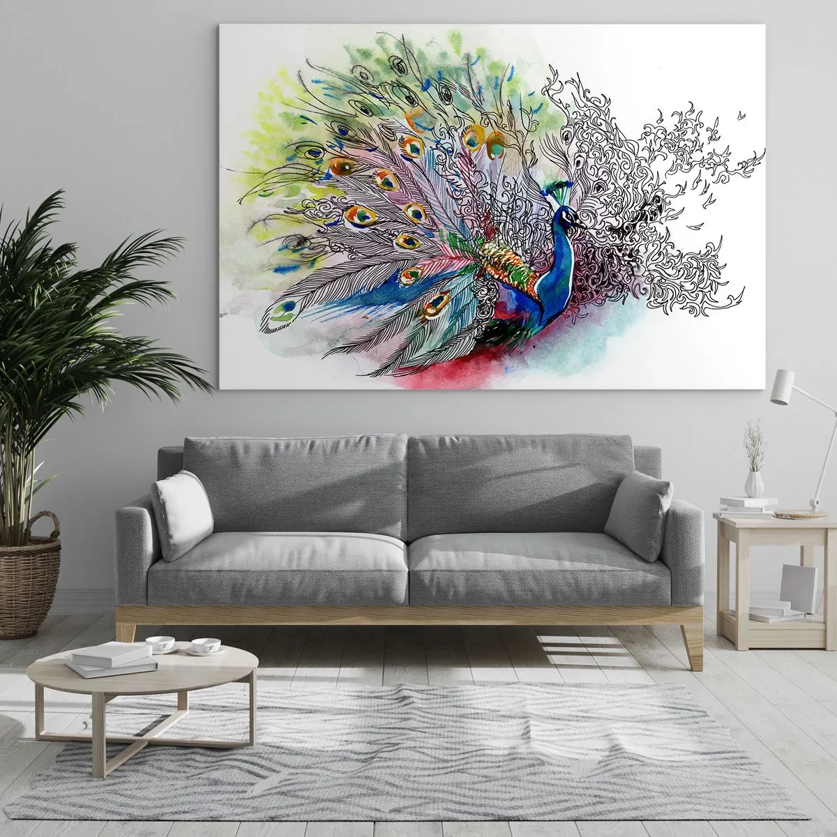 Glasbild - Bild auf glas - Bunter Pfau im künstlerischen Aquarellstil - 120x80cm - Mit Stolz gegen Grau - Moderne Wanddekoration für Wohnzimmer und Schlafzimmer ARTTOR