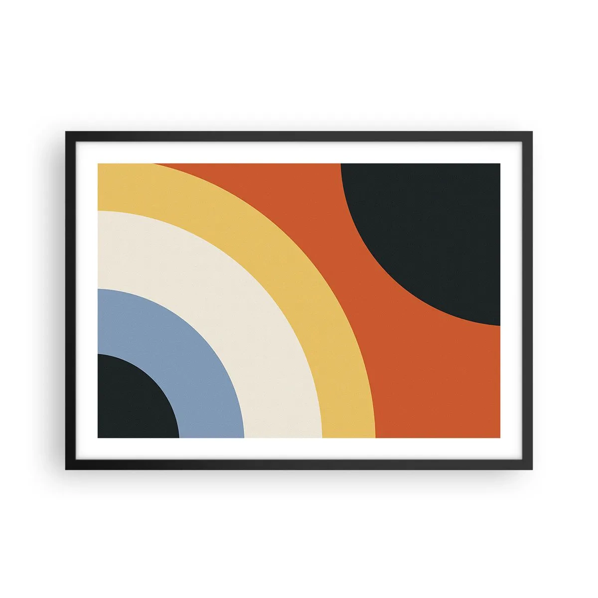 Poster in einem schwarzem Rahmen - Abstraktes Kunstwerk mit bunten Bögen und kontrastierenden Kreisen - 70x50cm - Zu mir selbst - Moderne Wanddekoration für Wohnzimmer und Schlafzimmer ARTTOR