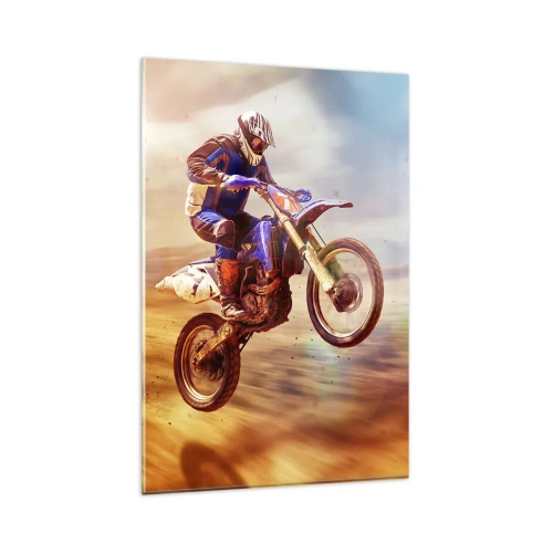 Glasbild - Bild auf glas - Ein Motorradfahrer im Flug während einer dynamischen Offroad-Fahrt - 80x120cm - Motorradschwindel - Moderne Wanddekoration für Wohnzimmer und Schlafzimmer ARTTOR