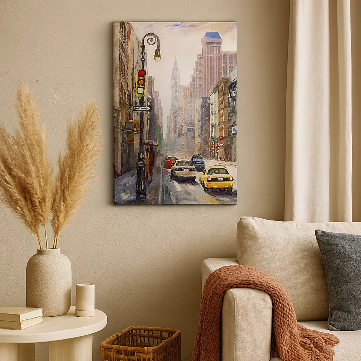 Bild auf Leinwand - Leinwandbild - Stadtbild mit einer Straße und gelben Taxis - 50x70cm - New York - auch im Regen bunt - Moderne Wanddekoration für Wohnzimmer und Schlafzimmer ARTTOR