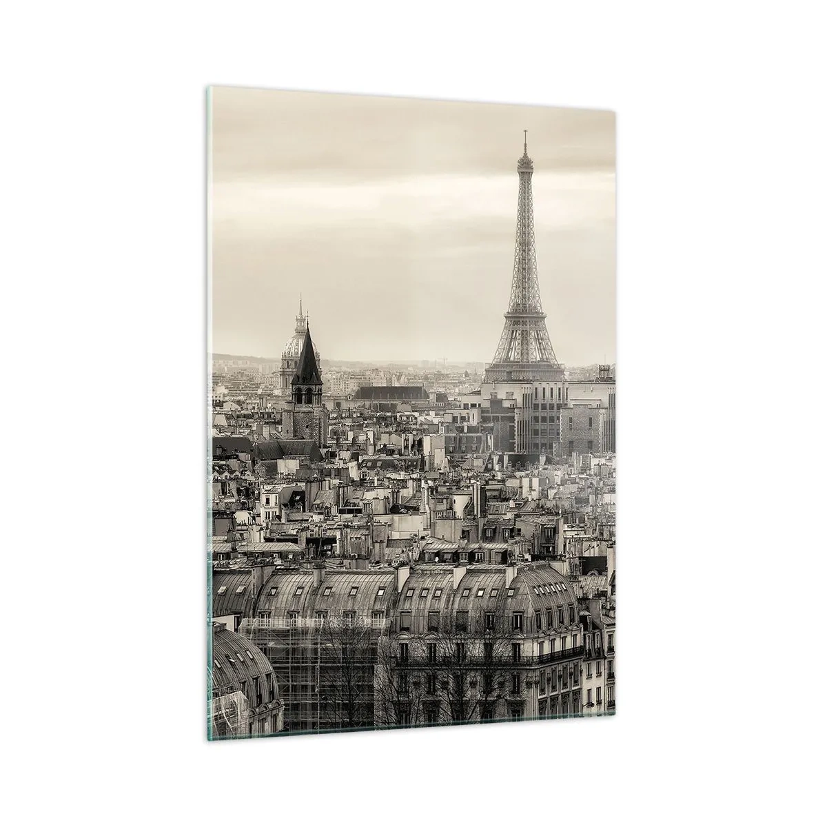 Glasbild - Bild auf glas - Ein Panorama von Paris mit Blick auf den Eiffelturm in Sepiatönen - 50x70cm - Über den Dächern von Paris - Moderne Wanddekoration für Wohnzimmer und Schlafzimmer ARTTOR