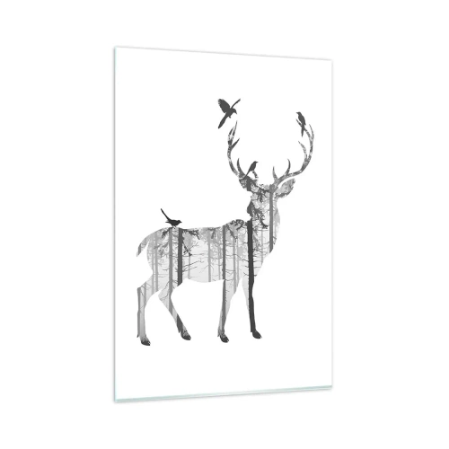 Glasbild - Bild auf glas - Silhouette eines Hirsches mit Wald und Vögeln - 80x120cm - Guter Waldgeist - Moderne Wanddekoration für Wohnzimmer und Schlafzimmer ARTTOR