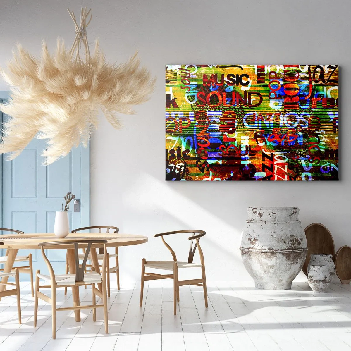 Bild auf Leinwand - Leinwandbild - Bunte Abstraktion mit Musikinschriften im Pop-Art-Stil - 70x50cm - Alle Farben des Klangs - Moderne Wanddekoration für Wohnzimmer und Schlafzimmer ARTTOR