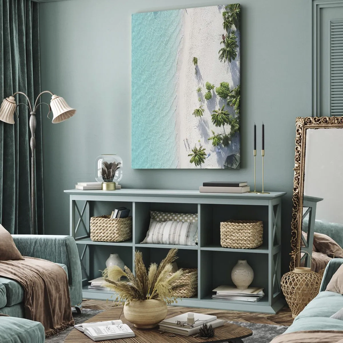 Bild auf Leinwand - Leinwandbild - Eine Vogelperspektive auf einen tropischen Strand mit türkisfarbenem Wasser und Palmen - 50x70cm - Urlaub im Paradies - Moderne Wanddekoration für Wohnzimmer und Schlafzimmer ARTTOR