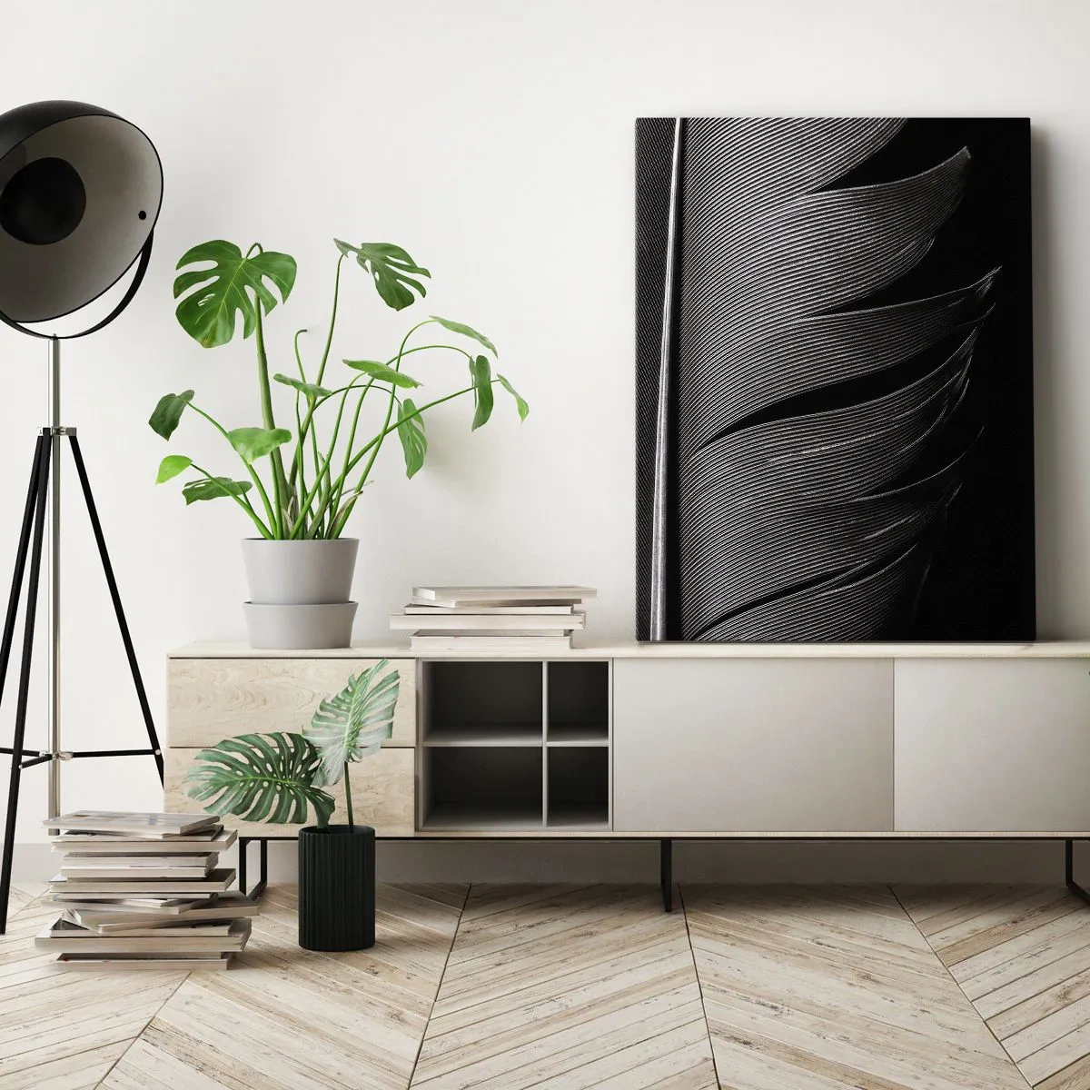 Bild auf Leinwand - Leinwandbild - Schwarz-weiße Federstruktur im minimalistischen Stil - 80x120cm - Stift – ein wunderbares Design - Moderne Wanddekoration für Wohnzimmer und Schlafzimmer ARTTOR