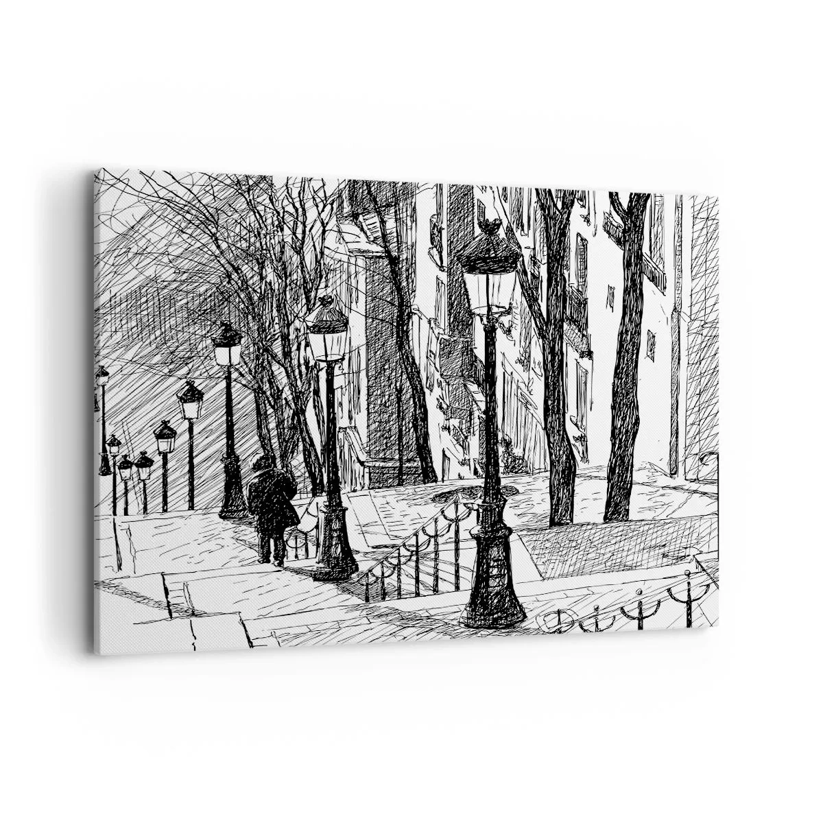 Bild auf Leinwand - Leinwandbild - Eine Straße mit Lampen und einer menschlichen Silhouette in Skizzentechnik - 120x80cm - Liebesgeschichte oder Horrorgeschichte? - Moderne Wanddekoration für Wohnzimmer und Schlafzimmer ARTTOR
