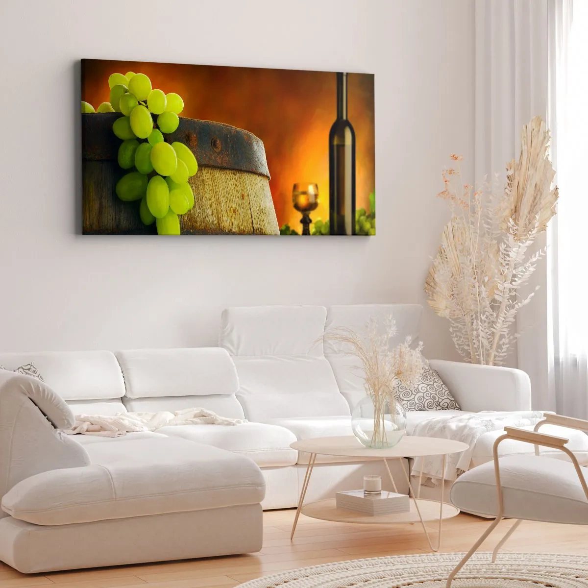 Bild auf Leinwand - Leinwandbild - Stillleben mit einer Flasche Wein und einer Weintraube - 100x40 cm