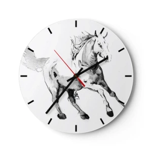 Wanduhr - Glasuhr - Skizze eines galoppierenden Pferdes auf weißem Hintergrund - 30x30cm - Ungezähmte Seele - Moderne Wanddekoration für Wohnzimmer, Küche und Schlafzimmer ARTTOR