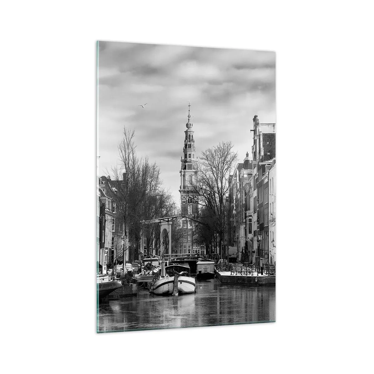 Glasbild - Bild auf glas - Schwarz-Weiß-Panorama von Amsterdam mit Kanal und historischen Gebäuden - 70x100cm - Amsterdamer Atmosphäre - Moderne Wanddekoration für Wohnzimmer und Schlafzimmer ARTTOR