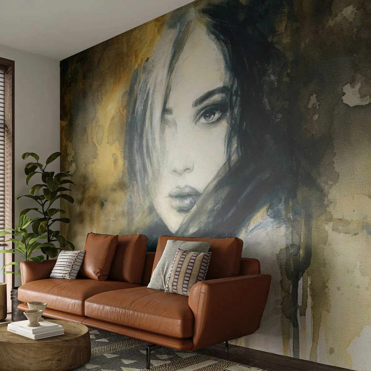 Fototapete Premium Sand - Porträt einer Frau in Sepia- und Schwarztönen - 100x70cm - unschuldiger oder sinnlicher? - Moderne Wanddekoration für Wohnzimmer und Schlafzimmer ARTTOR