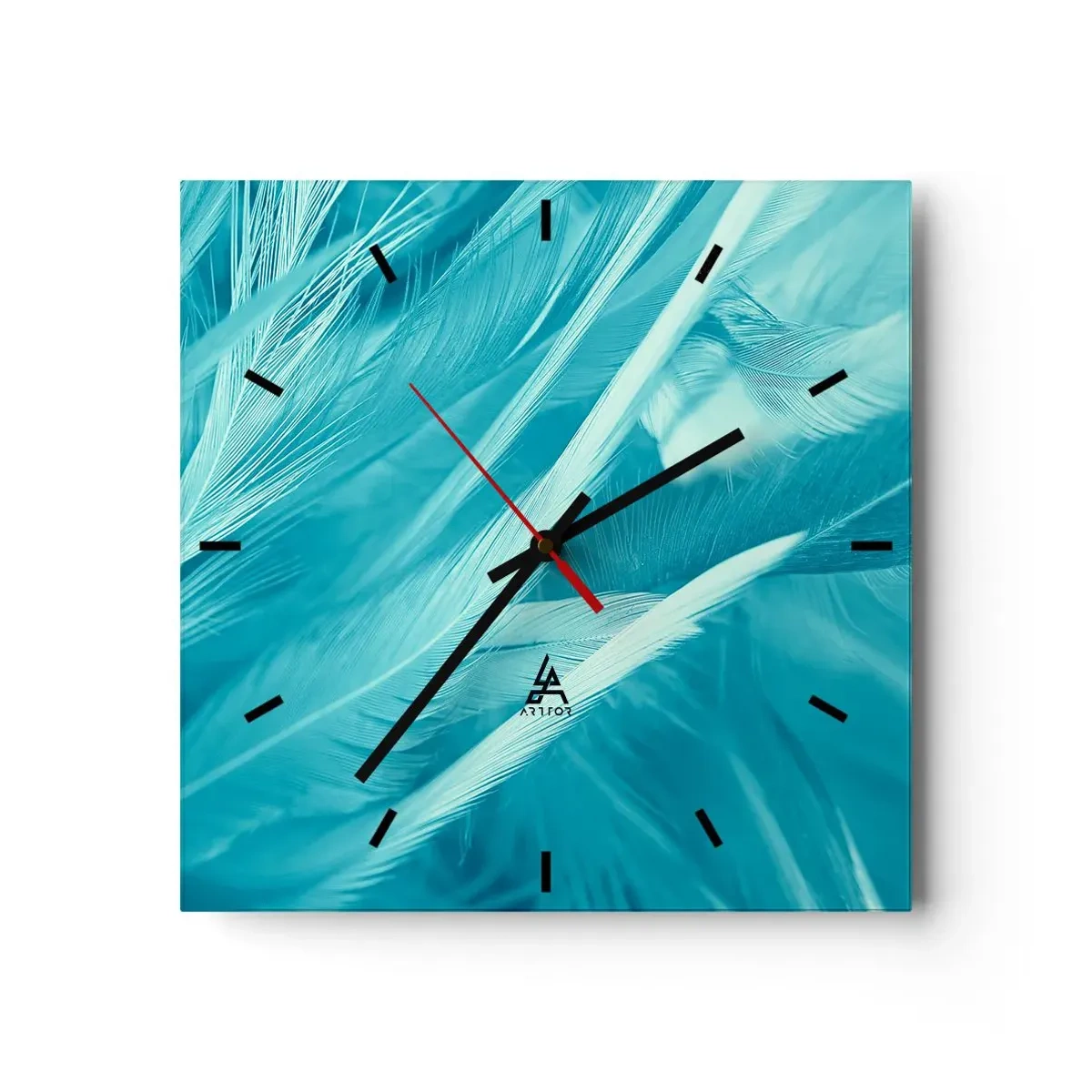 Wanduhr - Glasuhr - Zarte türkisfarbene Federn in Nahaufnahme - 30x30cm - In Pulver ertrinken - Moderne Wanddekoration für Wohnzimmer und Schlafzimmer ARTTOR