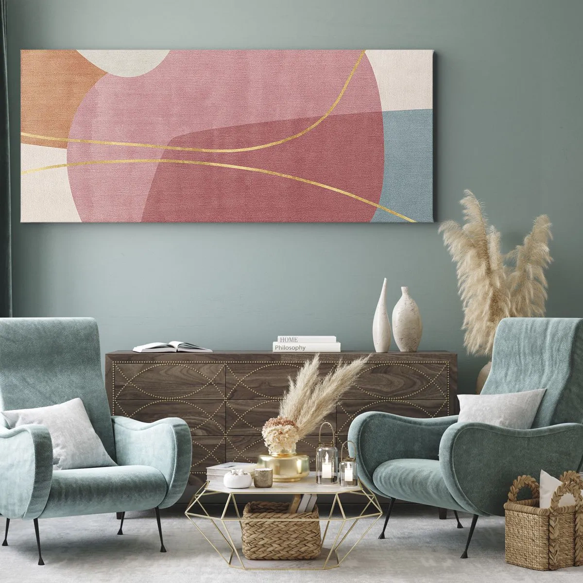 Bild auf Leinwand - Leinwandbild - Abstrakte Formen in Pastellfarben mit zarten Linien - 140x50cm - Pastellkomposition mit Goldfaden - Moderne Wanddekoration für Wohnzimmer und Schlafzimmer ARTTOR