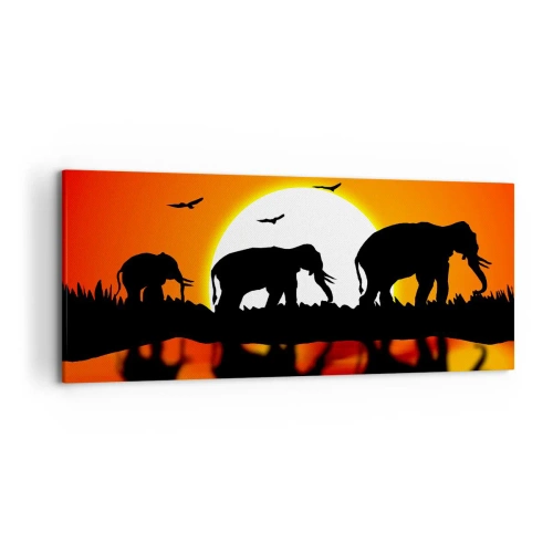 Bild auf Leinwand - Leinwandbild - Silhouetten von Elefanten bei Sonnenuntergang über dem Wasser mit Reflexion - 120x50cm - Und abends einen kleinen Drink trinken - Moderne Wanddekoration für Wohnzimmer und Schlafzimmer ARTTOR