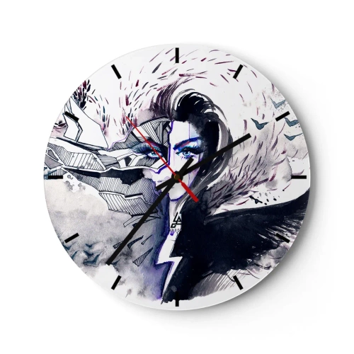 Wanduhr - Glasuhr - Abstraktes Frauenporträt mit Dämonen- und Blitzmotiv - 30x30cm - Dämonisch und schön - Moderne Wanddekoration für Wohnzimmer, Küche und Schlafzimmer ARTTOR