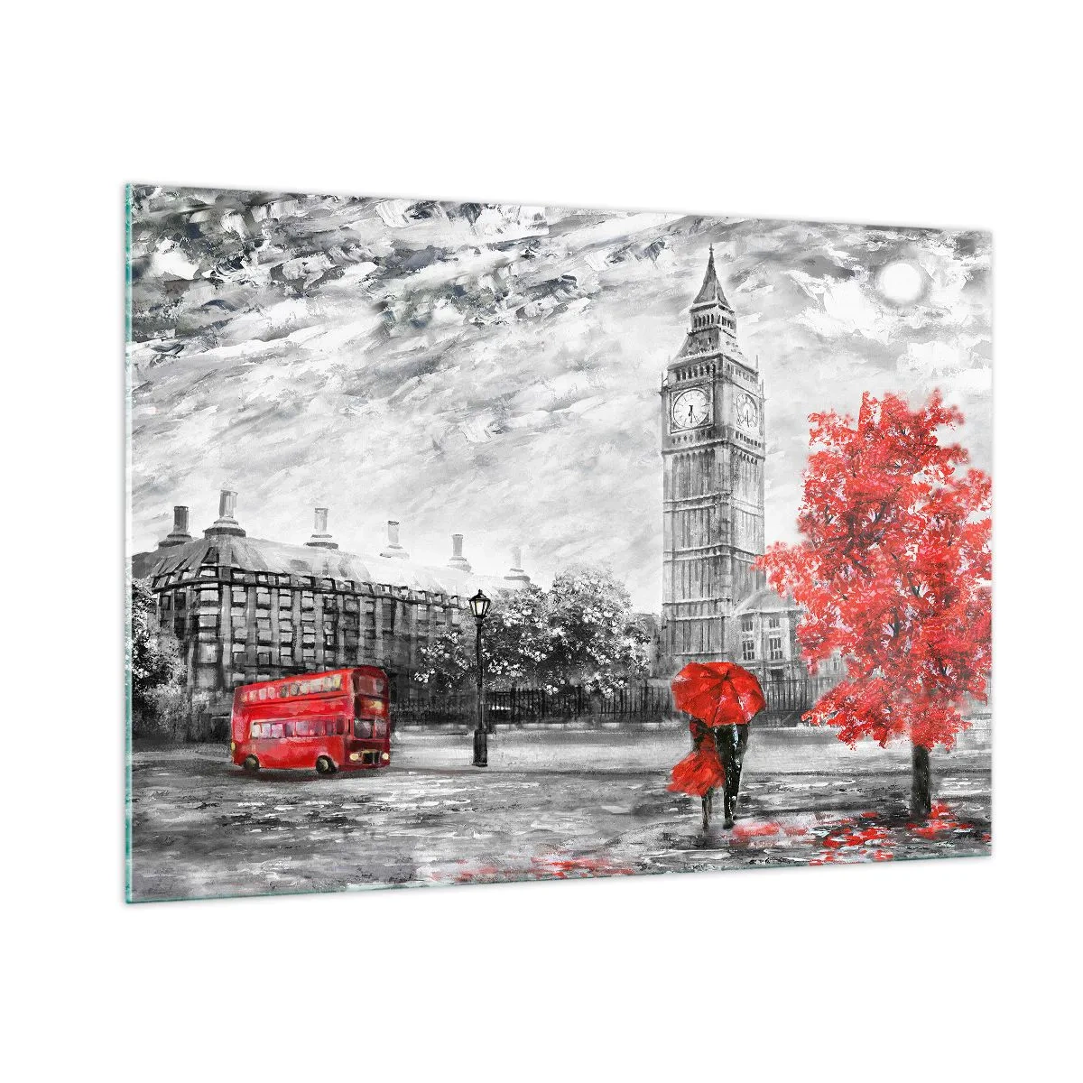 Glasbild - Bild auf glas - Big Ben mit einem roten Bus und Regenschirm vor einer Kulisse aus Herbstbäumen - 100x70cm - Ein aufregender Tag - Moderne Wanddekoration für Wohnzimmer und Schlafzimmer ARTTOR