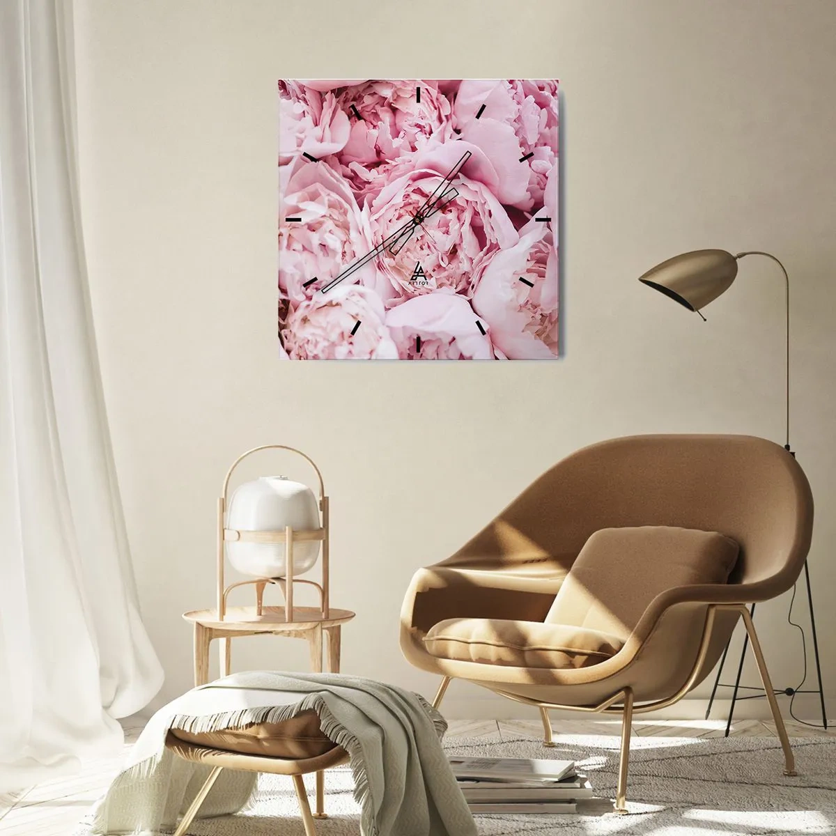 Wanduhr - Glasuhr - Eine Nahaufnahme eines Straußes rosa Pfingstrosen - 30x30cm - Anschmiegsam und duftend - Moderne Wanddekoration für Wohnzimmer und Schlafzimmer ARTTOR