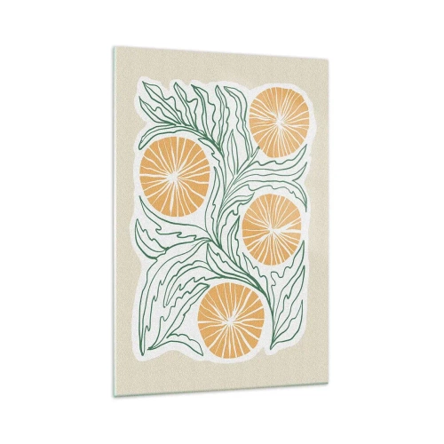 Glasbild - Bild auf glas - Ein minimalistisches orangefarbenes Motiv mit grünen Blättern - 70x100cm - Ethnisch mit einem Hauch von Abstraktion - Moderne Wanddekoration für Wohnzimmer und Schlafzimmer ARTTOR
