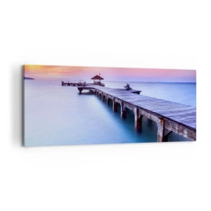 Bild auf Leinwand - Leinwandbild - Holzsteg, der bei Sonnenuntergang auf das Wasser hinausführt - 120x50cm - Ein Meer der Ruhe bis zum Horizont - Moderne Wanddekoration für Wohnzimmer und Schlafzimmer ARTTOR