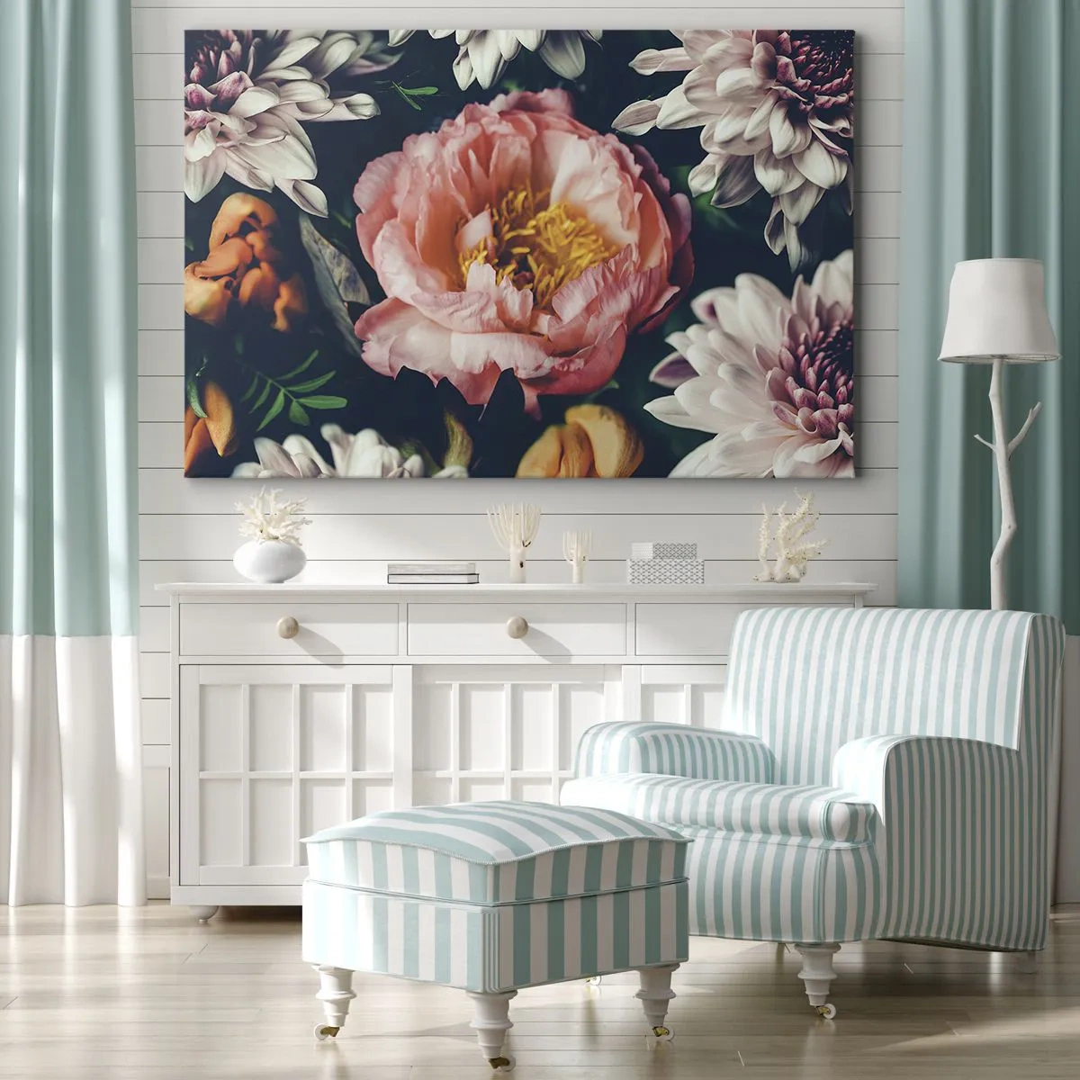 Bild auf Leinwand - Leinwandbild - Blumenarrangement mit Pfingstrosen und Chrysanthemen auf dunklem Hintergrund - 100x70cm - Mit barocker Pracht - Moderne Wanddekoration für Wohnzimmer und Schlafzimmer ARTTOR