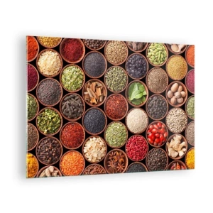 Glasbild - Bild auf glas - Eine Komposition aus verschiedenen Gewürzen in Holzschalen - 70x50cm - Alle Aromen der Welt - Moderne Wanddekoration für Wohnzimmer und Schlafzimmer ARTTOR