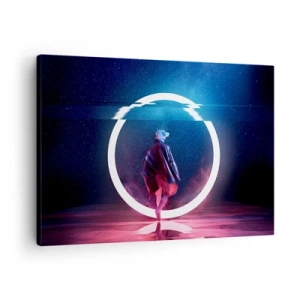 Bild auf Leinwand - Leinwandbild - Eine Figur in einer futuristischen Umgebung mit einem Neonkreis - 70x50cm - Zwischen den Welten - Moderne Wanddekoration für Wohnzimmer und Schlafzimmer ARTTOR