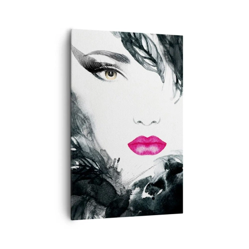 Bild auf Leinwand - Leinwandbild - Künstlerisches Porträt einer Frau mit intensiv rosa Lippen - 80x120cm - Beachtung! Femme fatale - Moderne Wanddekoration für Wohnzimmer und Schlafzimmer ARTTOR