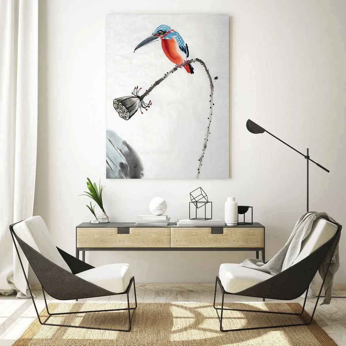 Glasbild - Bild auf glas - Ein bunter Vogel vor einem Hintergrund aus Vegetation und einer Libelle - 80x120cm - Das Leben der Wiese - Moderne Wanddekoration für Wohnzimmer und Schlafzimmer ARTTOR