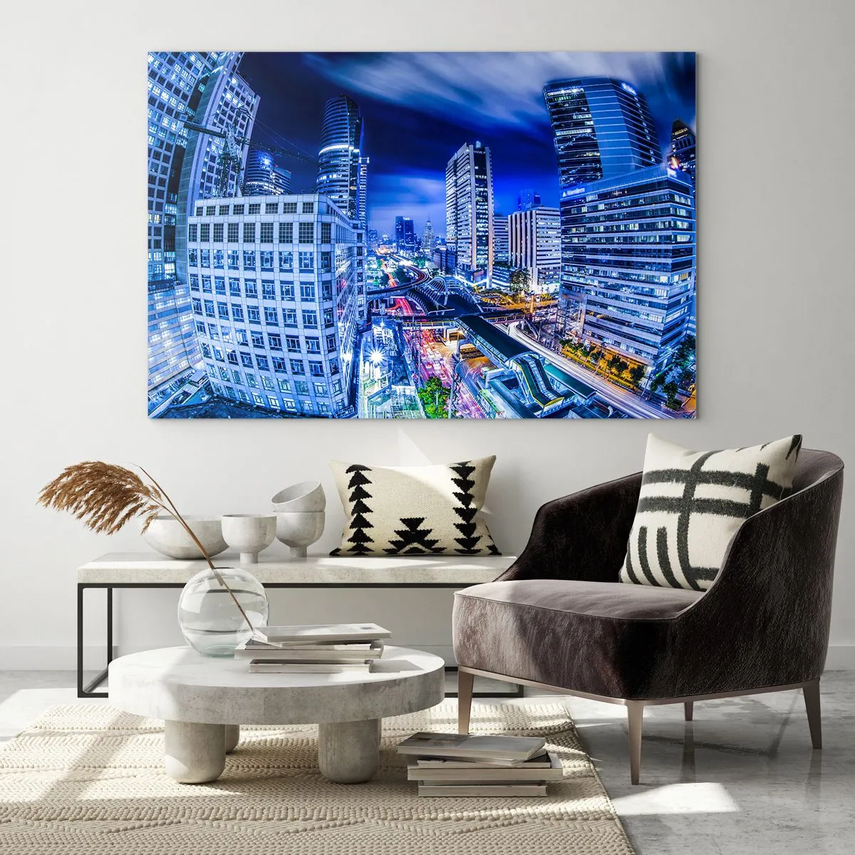 Glasbild - Bild auf glas - Panorama einer modernen Stadt bei Nacht mit hellen Lichtern - 70x50cm - Rhythmen der Nachtstadt - Moderne Wanddekoration für Wohnzimmer und Schlafzimmer ARTTOR