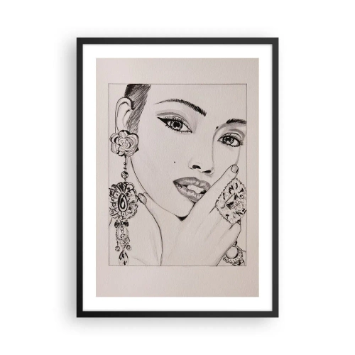 Poster in einem schwarzem Rahmen - Skizze einer Frau mit glamourösem Schmuck - 50x70cm - Das schönste Juwel - Moderne Wanddekoration für Wohnzimmer und Schlafzimmer ARTTOR