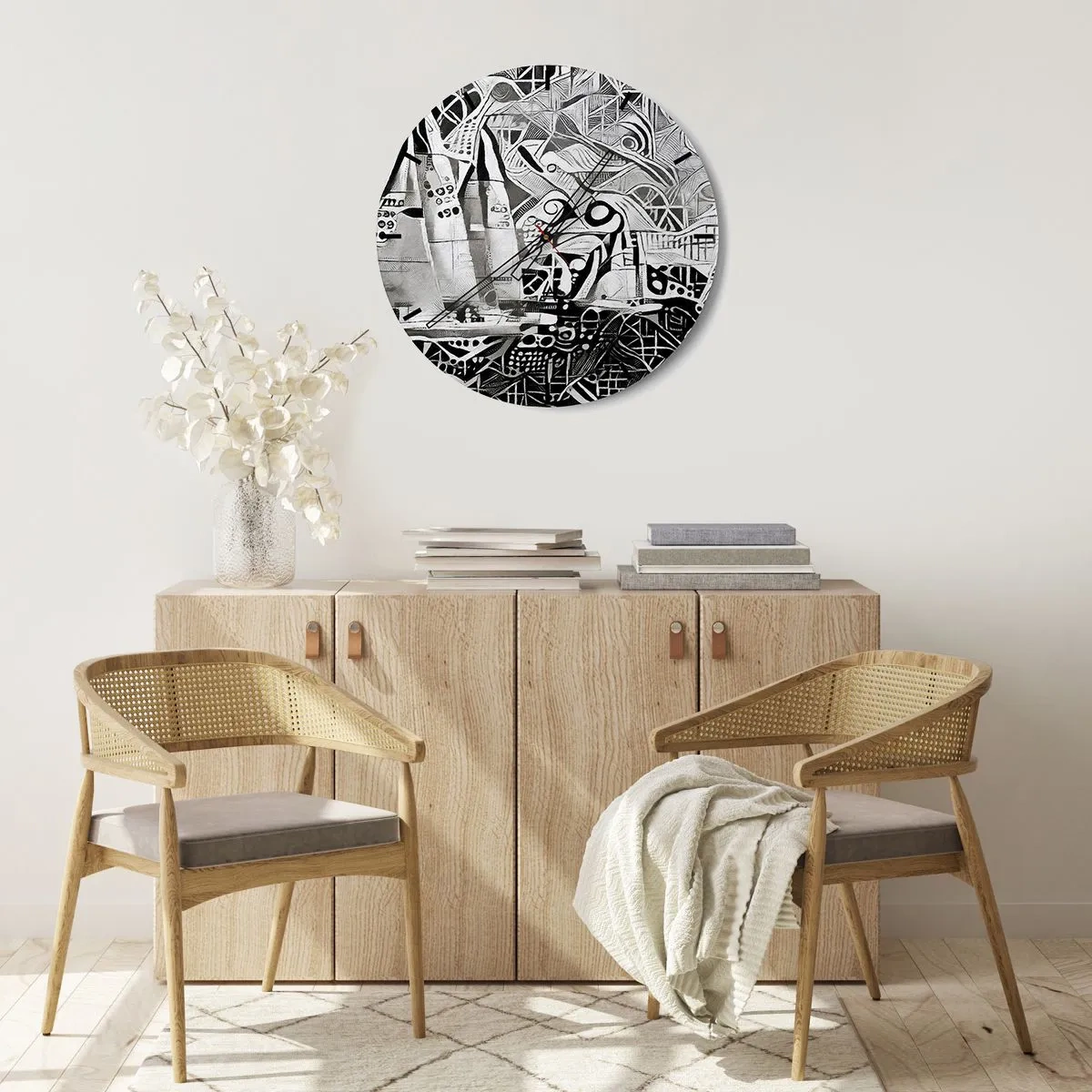 Wanduhr - Glasuhr - Schwarz-weiße abstrakte Wellen mit geometrischen Elementen - 30x30cm - Zwischen den Wellen - Moderne Wanddekoration für Wohnzimmer, Küche und Schlafzimmer ARTTOR