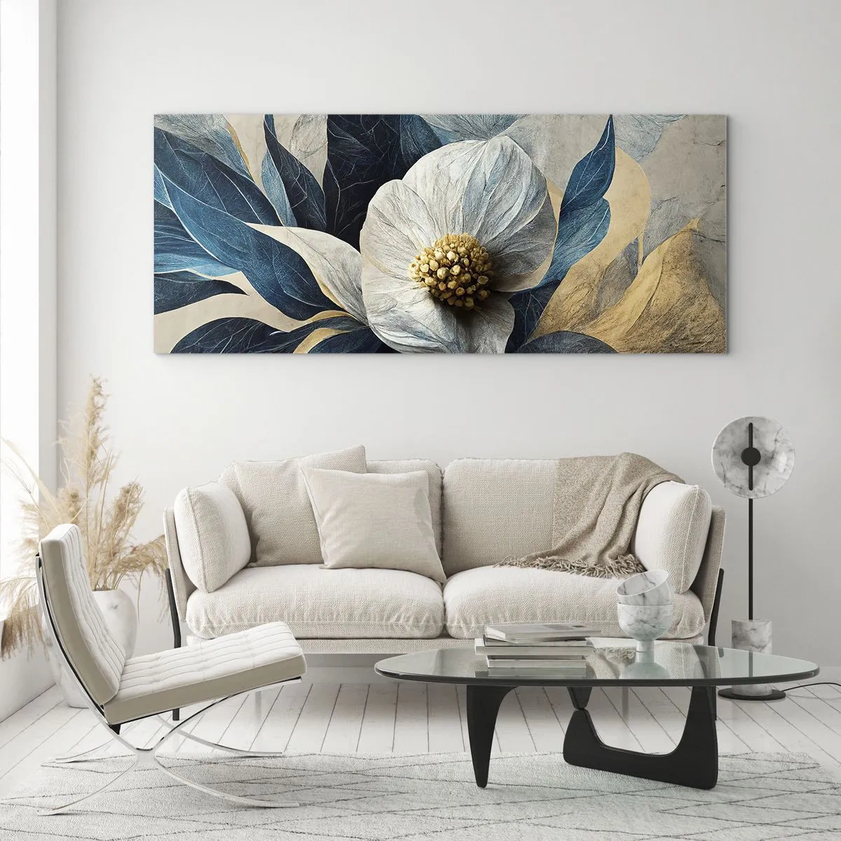 Glasbild - Bild auf glas - Eine Blume mit blauen Blättern auf einem eleganten Hintergrund - 140x50cm - Er hat ein Herz aus Gold - Moderne Wanddekoration für Wohnzimmer und Schlafzimmer ARTTOR
