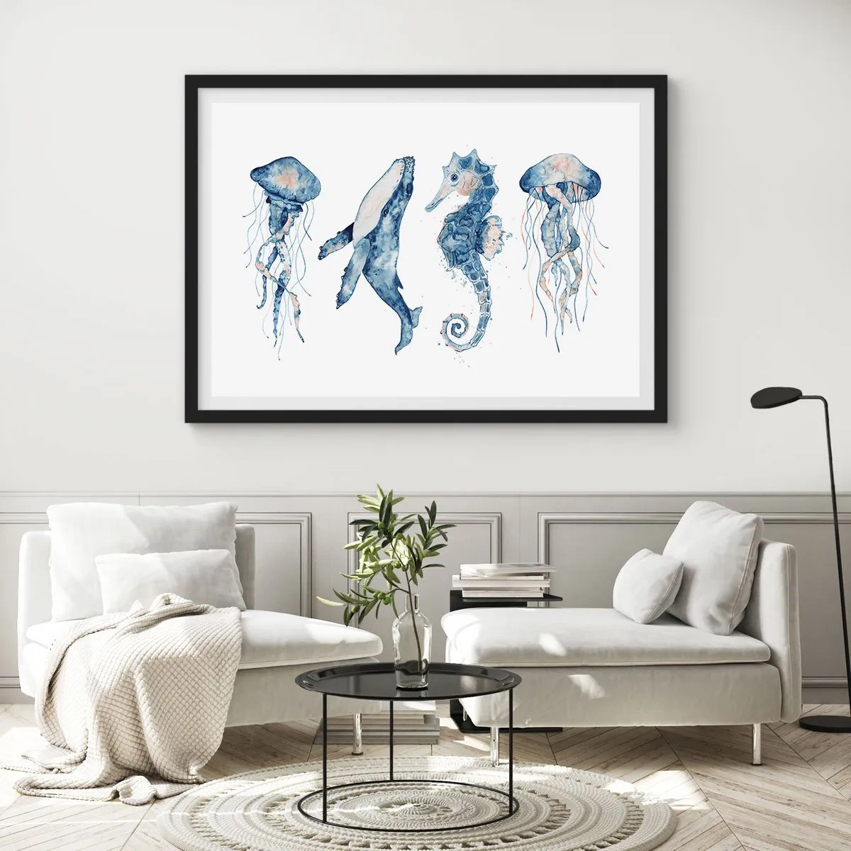 Poster in einem schwarzem Rahmen - Quallen, Wale und Seepferdchen im Aquarellstil - 100x70cm - Meereswunder - Moderne Wanddekoration für Wohnzimmer und Schlafzimmer ARTTOR