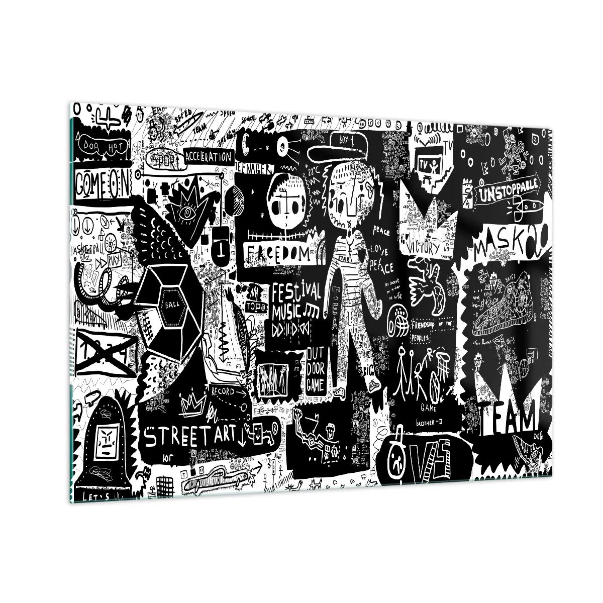 Glasbild - Bild auf glas - Schwarz-weiße Grafiken im Street-Art-Stil mit Figuren und Symbolen - 100x70cm - Spirituelle Jugend des Gesetzes und der Freude - Moderne Wanddekoration für Wohnzimmer und Schlafzimmer ARTTOR