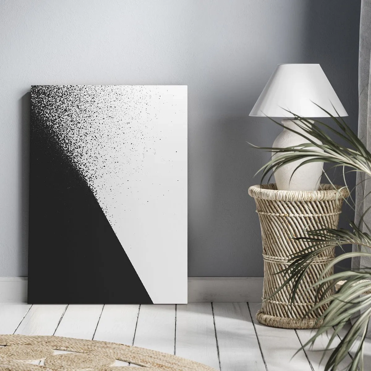 Bild auf Leinwand - Leinwandbild - Minimalistische Abstraktion in Schwarz und Weiß mit verstreuten Punkten - 80x120cm - Immer schneller, immer mehr - Moderne Wanddekoration für Wohnzimmer und Schlafzimmer ARTTOR