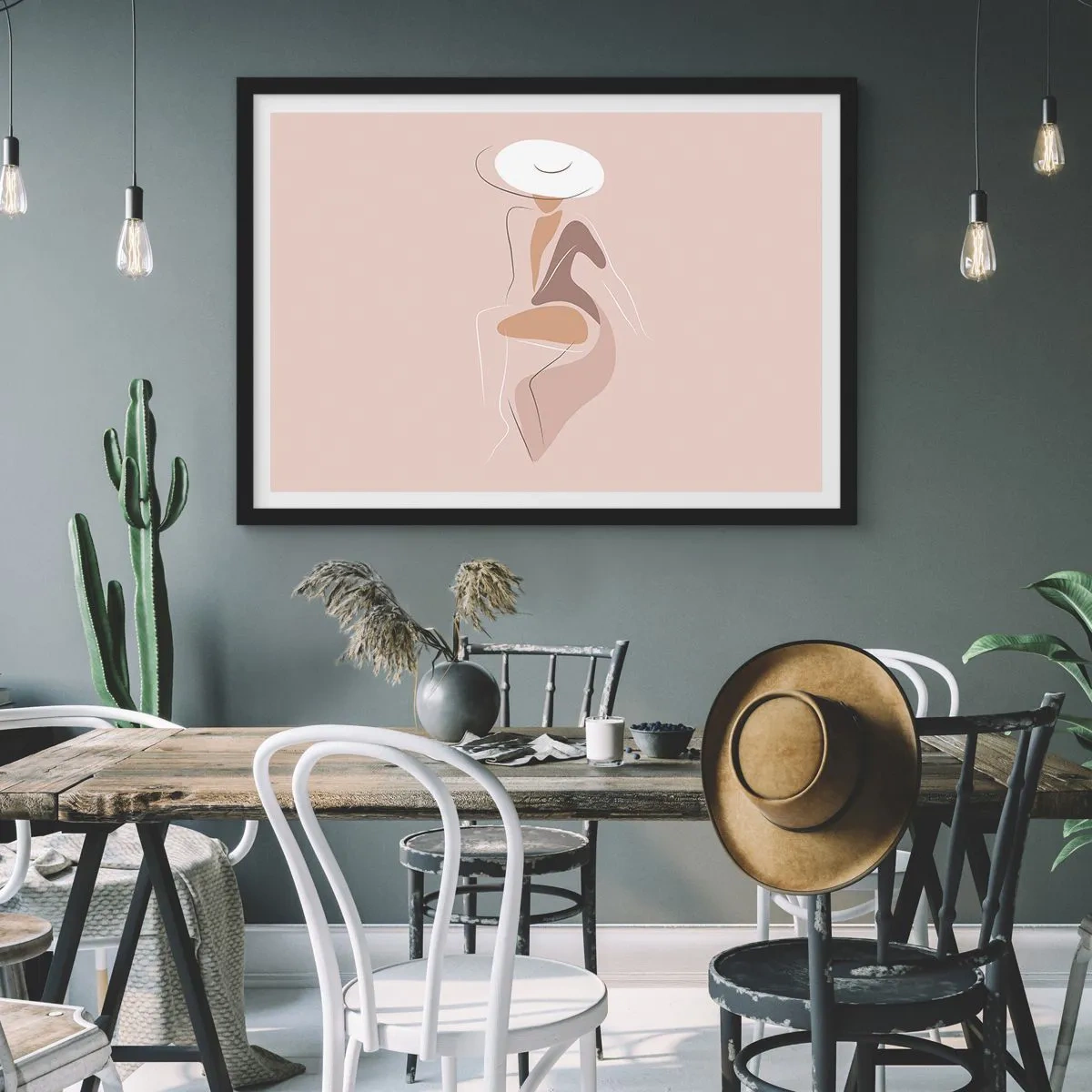 Poster in einem schwarzem Rahmen - Minimalistische Silhouette einer Frau mit Hut - 70x50cm - Eine Dame sein - Moderne Wanddekoration für Wohnzimmer und Schlafzimmer ARTTOR