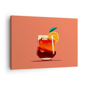 Bild auf Leinwand - Leinwandbild - Ein Glas Getränk und eine Orangenscheibe auf orangefarbenem Hintergrund - 70x50cm - Sommerliche Erfrischung - Moderne Wanddekoration für Wohnzimmer und Schlafzimmer ARTTOR