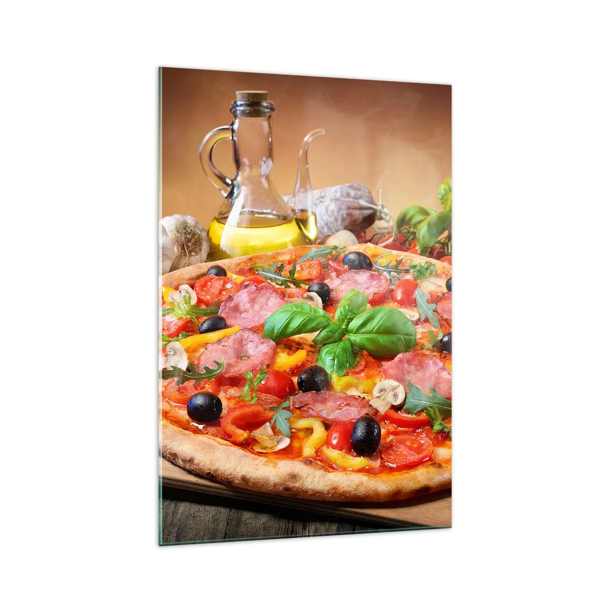 Glasbild - Bild auf glas - Appetitliche Pizza auf einem Holztisch mit Belag - 70x100cm - Mit echtem italienischem Flair - Moderne Wanddekoration für Wohnzimmer und Schlafzimmer ARTTOR