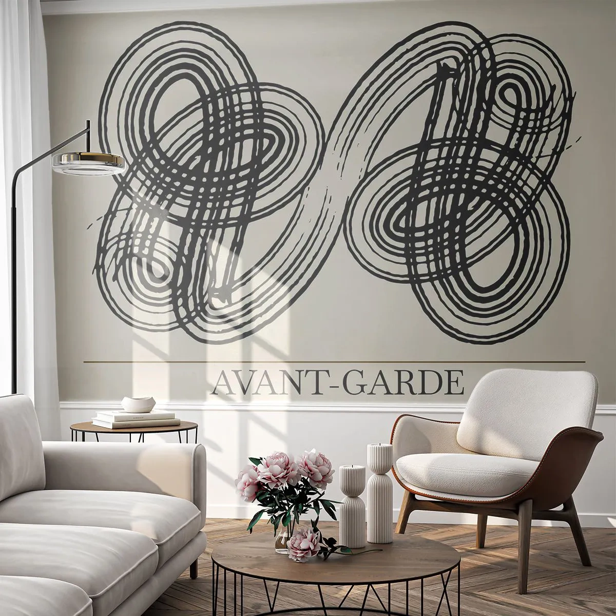Fototapete Premium Sand - Schwarze abstrakte Schleifen auf hellem Hintergrund - 100x70cm - Es kam spontan heraus - Moderne Wanddekoration für Wohnzimmer und Schlafzimmer ARTTOR